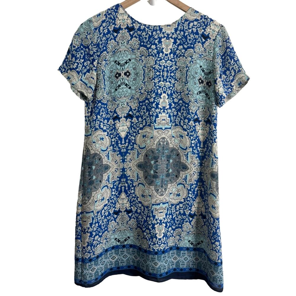 Lulu’s Blue Boho Patterned Short Sleeve Shift Dress Size Medium